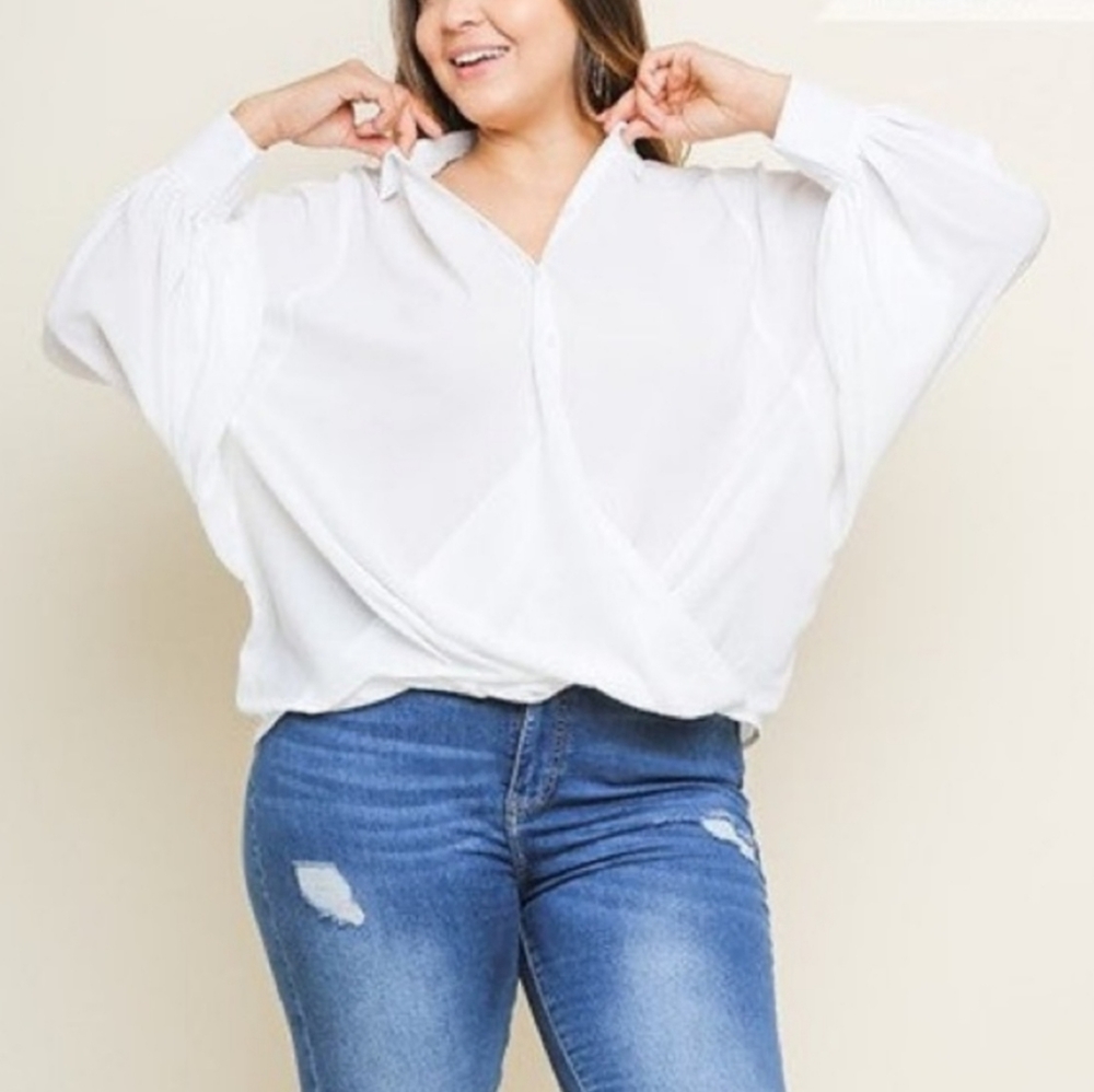 Umgee White Draped V-Neck Blouse